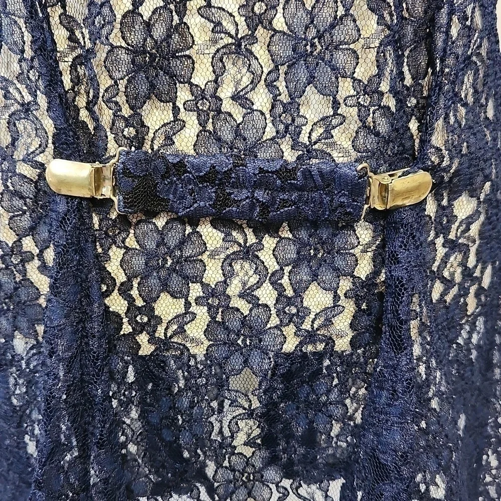 Beautiful U Women L Navy Blue Crochet Lace Scalloped Hem Button Front Cardigan